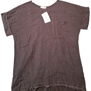 Umgee Brown Linen Blend Womens Cuffed Short Sleeve Top Sz Sm Raw Hem  Pocket NEW